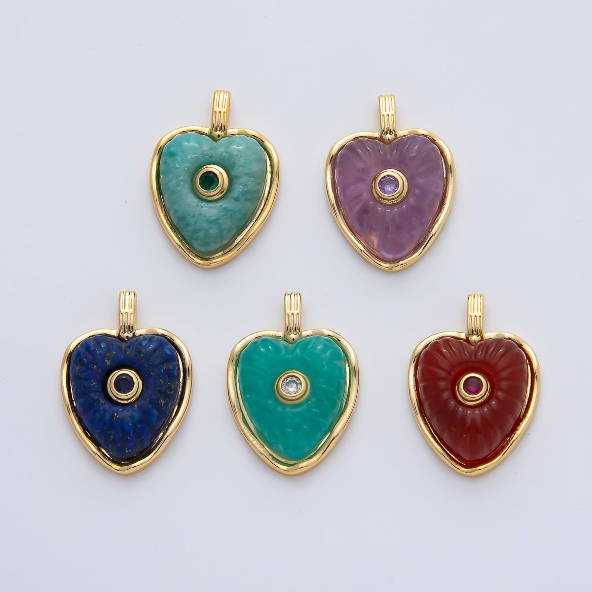 18K Gold Filled 23mm Amazon, Amethyst, Lapis Gemstone Sunburst Heart Pendant | AF1161 ~ AF1163