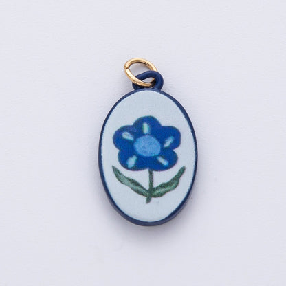 18K Gold Filled 23mm Blue Flower Oval Charm | AF1623