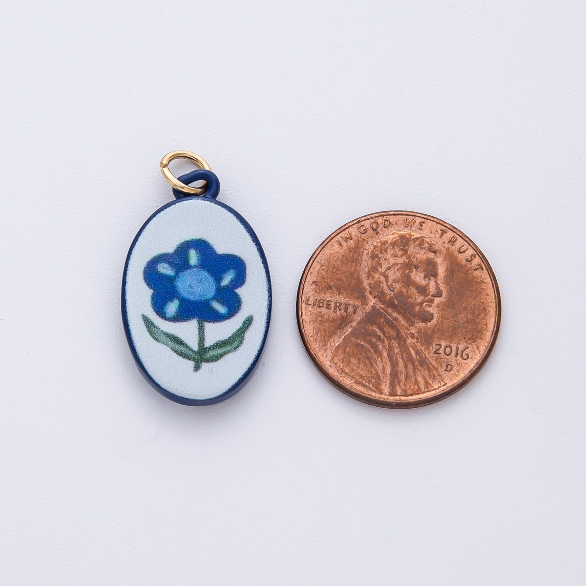 18K Gold Filled 23mm Blue Flower Oval Charm | AF1623