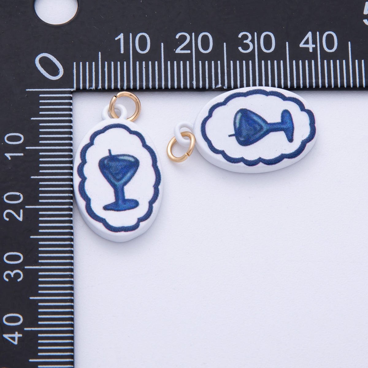 18K Gold Filled 23mm Blue-White Martini Alcohol Drink Glass Oval Charm | AF1590