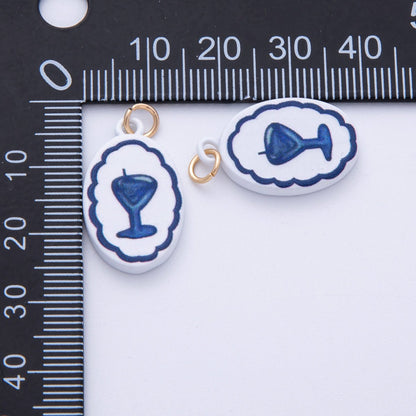 18K Gold Filled 23mm Blue-White Martini Alcohol Drink Glass Oval Charm | AF1590