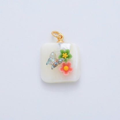 18K Gold Filled 23mm Butterfly Flower Shell Pearl Rectangle Charm | AF1377 - AF1382