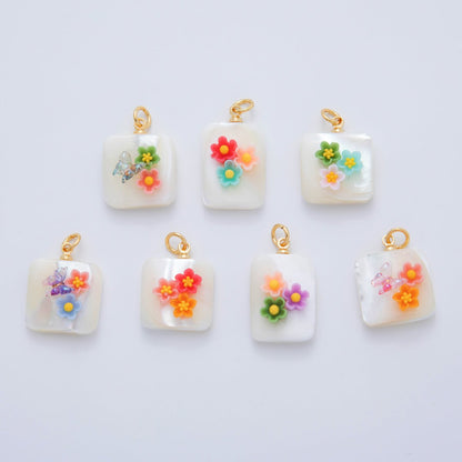 18K Gold Filled 23mm Butterfly Flower Shell Pearl Rectangle Charm | AF1377 - AF1382