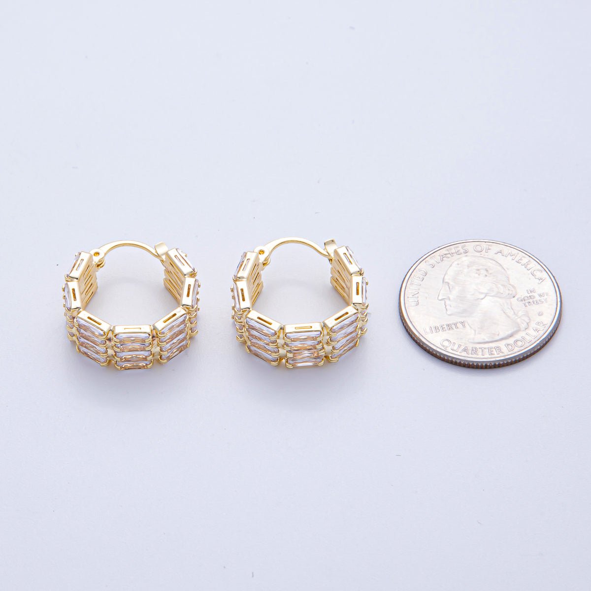 18K Gold Filled 23mm Clear Baguette CZ Edged Latch Hoop Earrings | AD1673