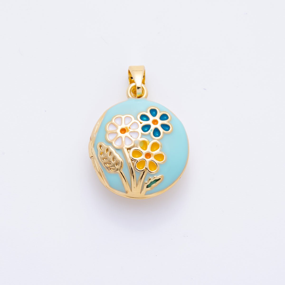18K Gold Filled 23mm Enamel Spring Flower Garden Locket Pendant | AH802