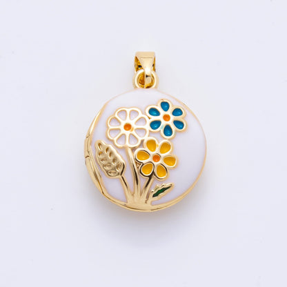 18K Gold Filled 23mm Enamel Spring Flower Garden Locket Pendant | AH802