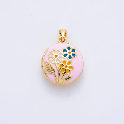 18K Gold Filled 23mm Enamel Spring Flower Garden Locket Pendant | AH802