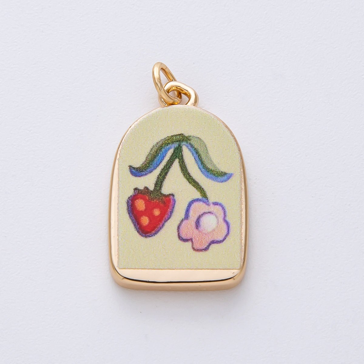 18K Gold Filled 23mm Flower Strawberry Green Enamel Charm | AF1597