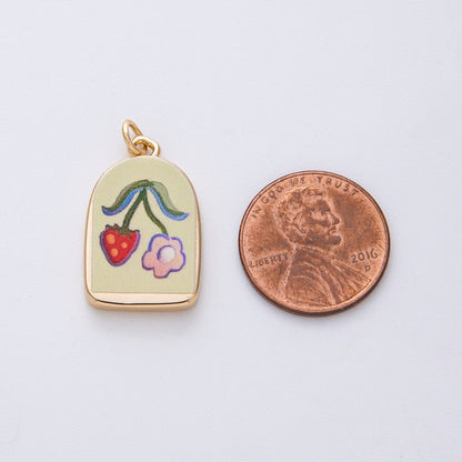 18K Gold Filled 23mm Flower Strawberry Green Enamel Charm | AF1597