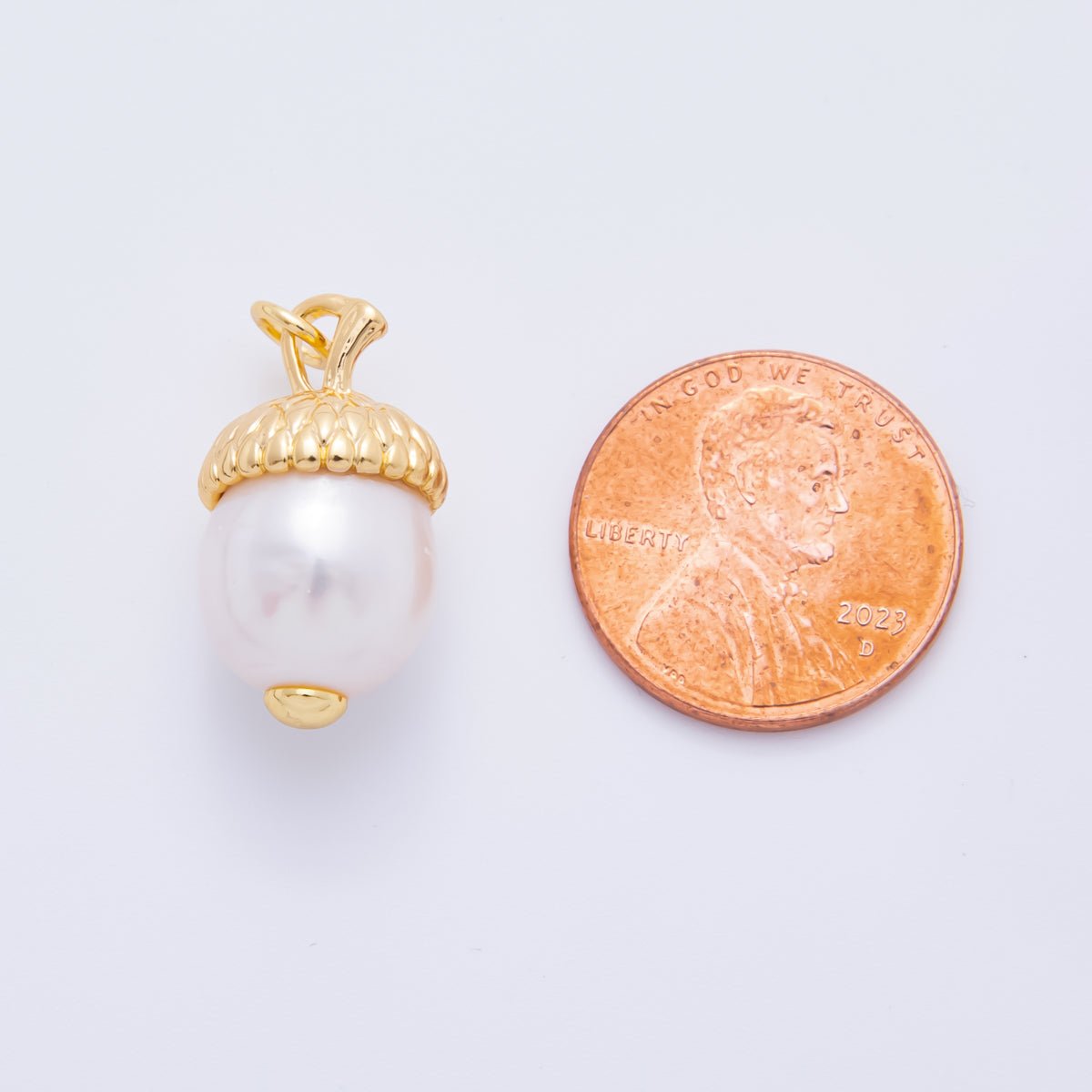18K Gold Filled 23mm Freshwater Acorn Seed Mini Round Pearl Charm | AF628