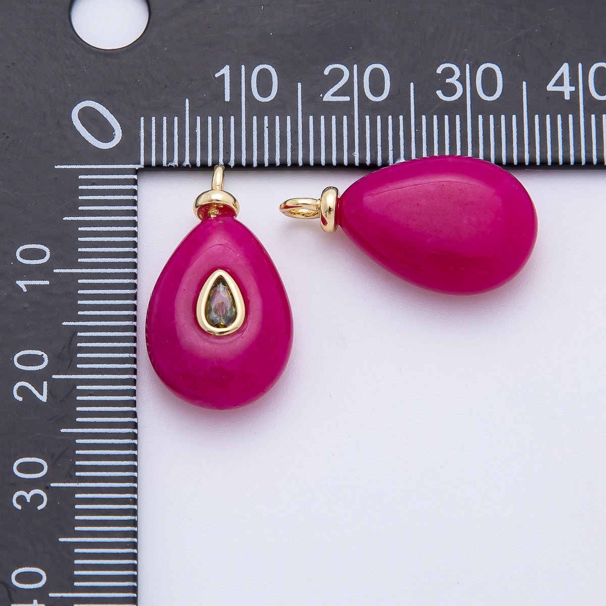 18K Gold Filled 23mm Green CZ Embedded Pink Tourmaline Teardrop Gemstone Charm | AF1323