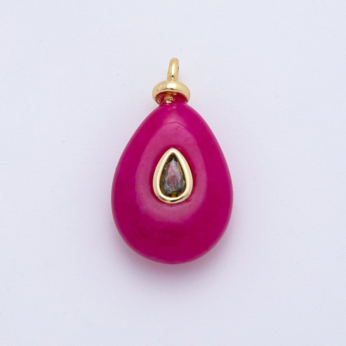 18K Gold Filled 23mm Green CZ Embedded Pink Tourmaline Teardrop Gemstone Charm | AF1323