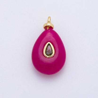 18K Gold Filled 23mm Green CZ Embedded Pink Tourmaline Teardrop Gemstone Charm | AF1323