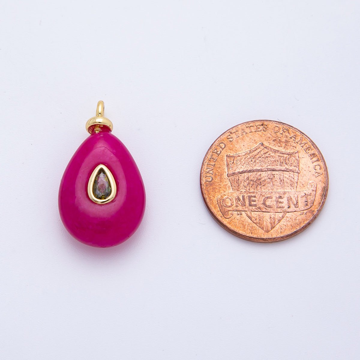 18K Gold Filled 23mm Green CZ Embedded Pink Tourmaline Teardrop Gemstone Charm | AF1323