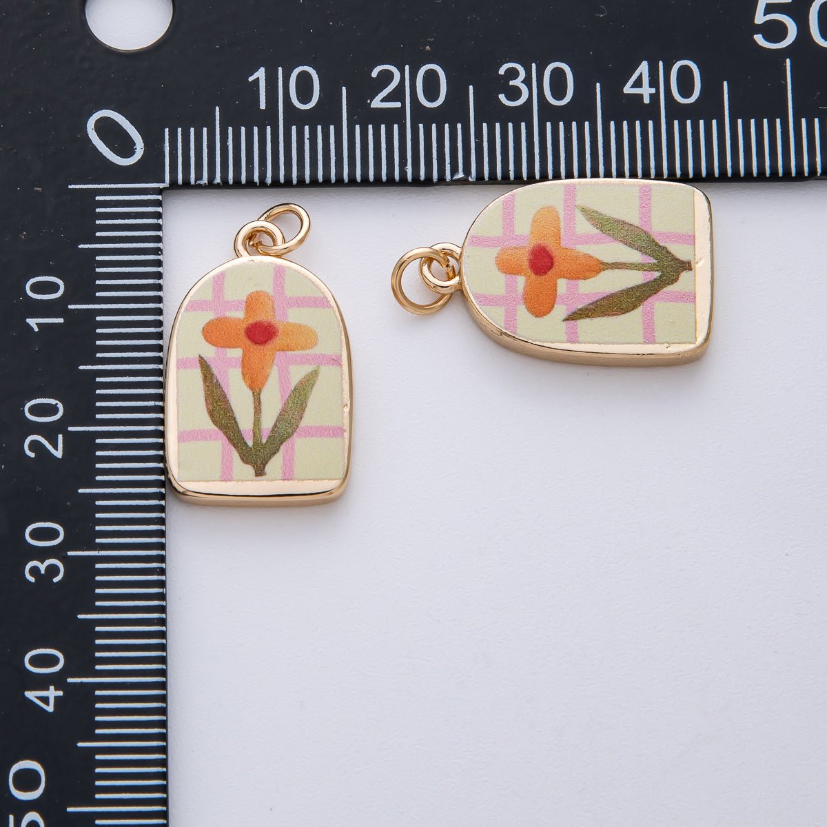 18K Gold Filled 23mm Orange Flower Green Pink Enamel Charm | AF1595