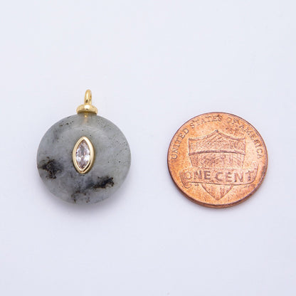 18K Gold Filled 23mm Clear Marquise CZ Grey Labradorite Round Gemstone Charm | AF1337