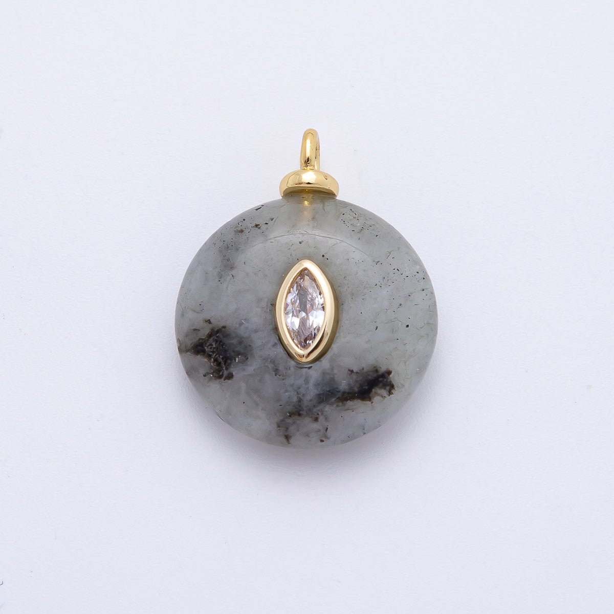18K Gold Filled 23mm Clear Marquise CZ Grey Labradorite Round Gemstone Charm | AF1337