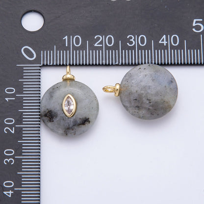 18K Gold Filled 23mm Clear Marquise CZ Grey Labradorite Round Gemstone Charm | AF1337