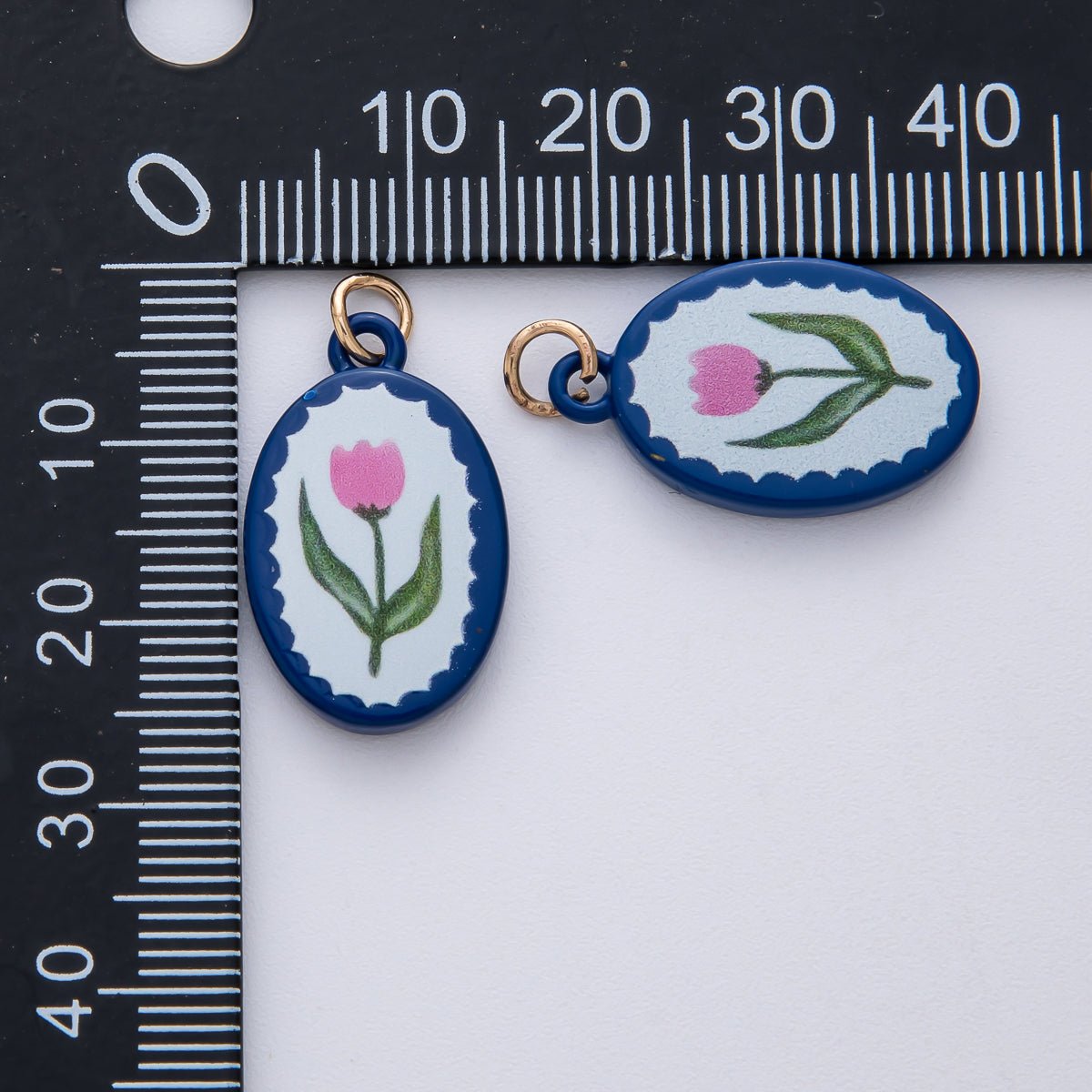 18K Gold Filled 23mm Pink Blue Enamel Flower Oval Charm | AF1624