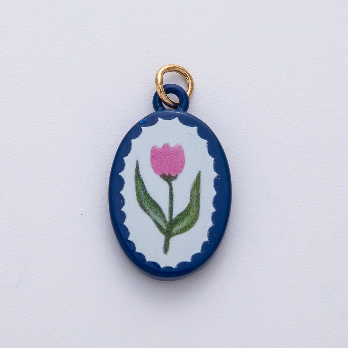 18K Gold Filled 23mm Pink Blue Enamel Flower Oval Charm | AF1624