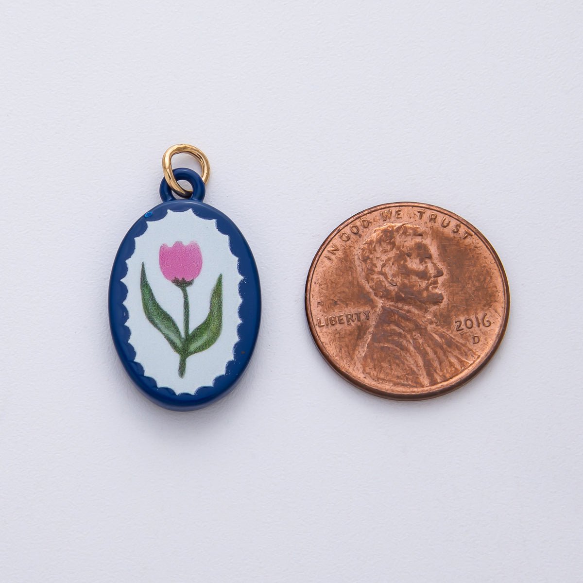 18K Gold Filled 23mm Pink Blue Enamel Flower Oval Charm | AF1624