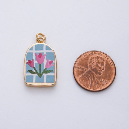 18K Gold Filled 23mm Pink-Blue Flower Enamel Charm | AF1596