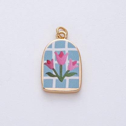 18K Gold Filled 23mm Pink-Blue Flower Enamel Charm | AF1596