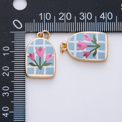 18K Gold Filled 23mm Pink-Blue Flower Enamel Charm | AF1596
