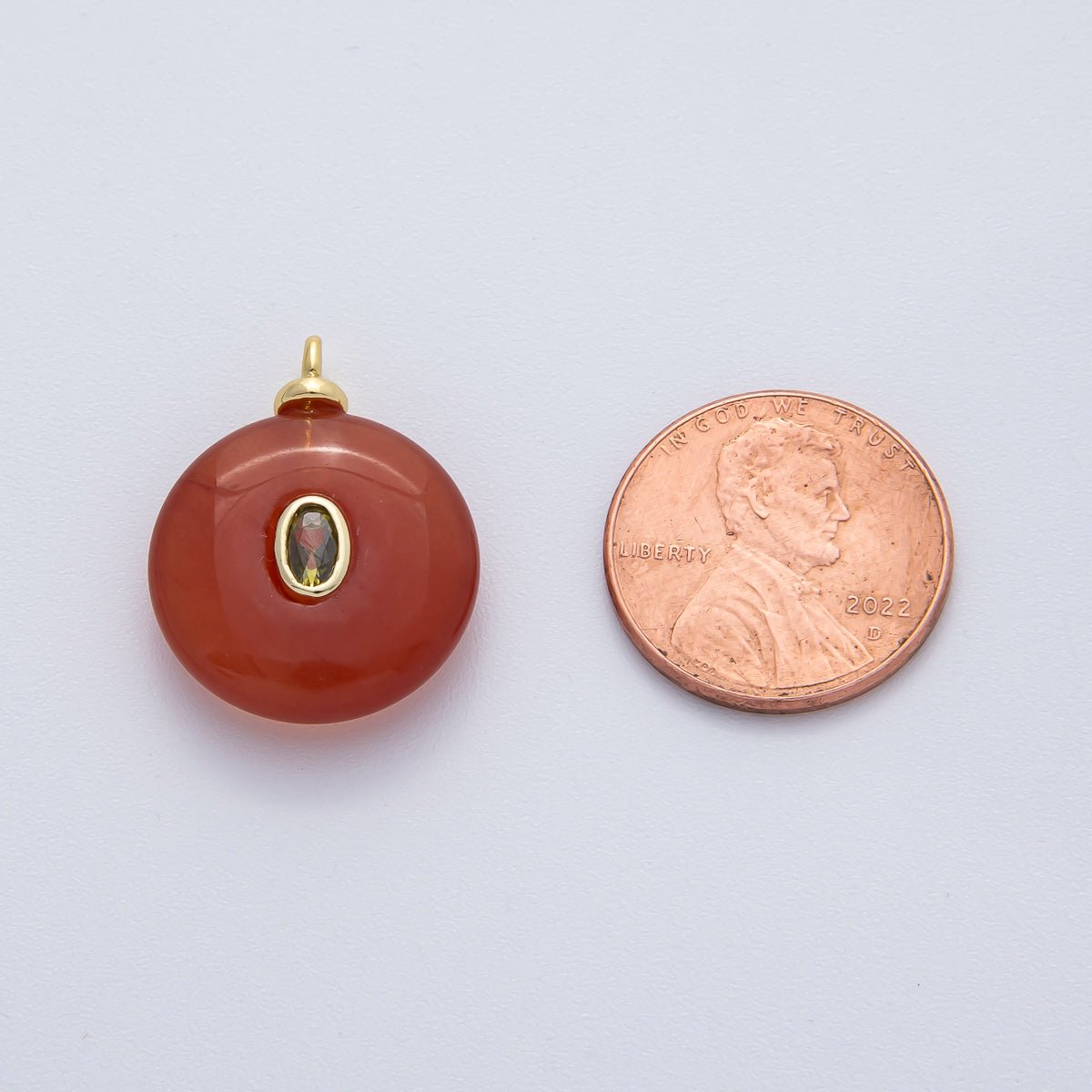 18K Gold Filled 23mm Green CZ Oval Embedded Red Agate Gemstone Charm | AF1451