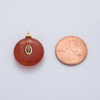 18K Gold Filled 23mm Green CZ Oval Embedded Red Agate Gemstone Charm | AF1451
