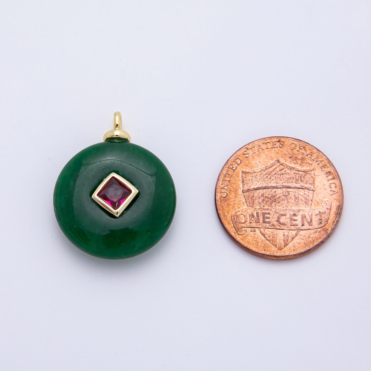 18K Gold Filled 23mm Red CZ Rhombus Aventurine Round Gemstone Charm | AF1336