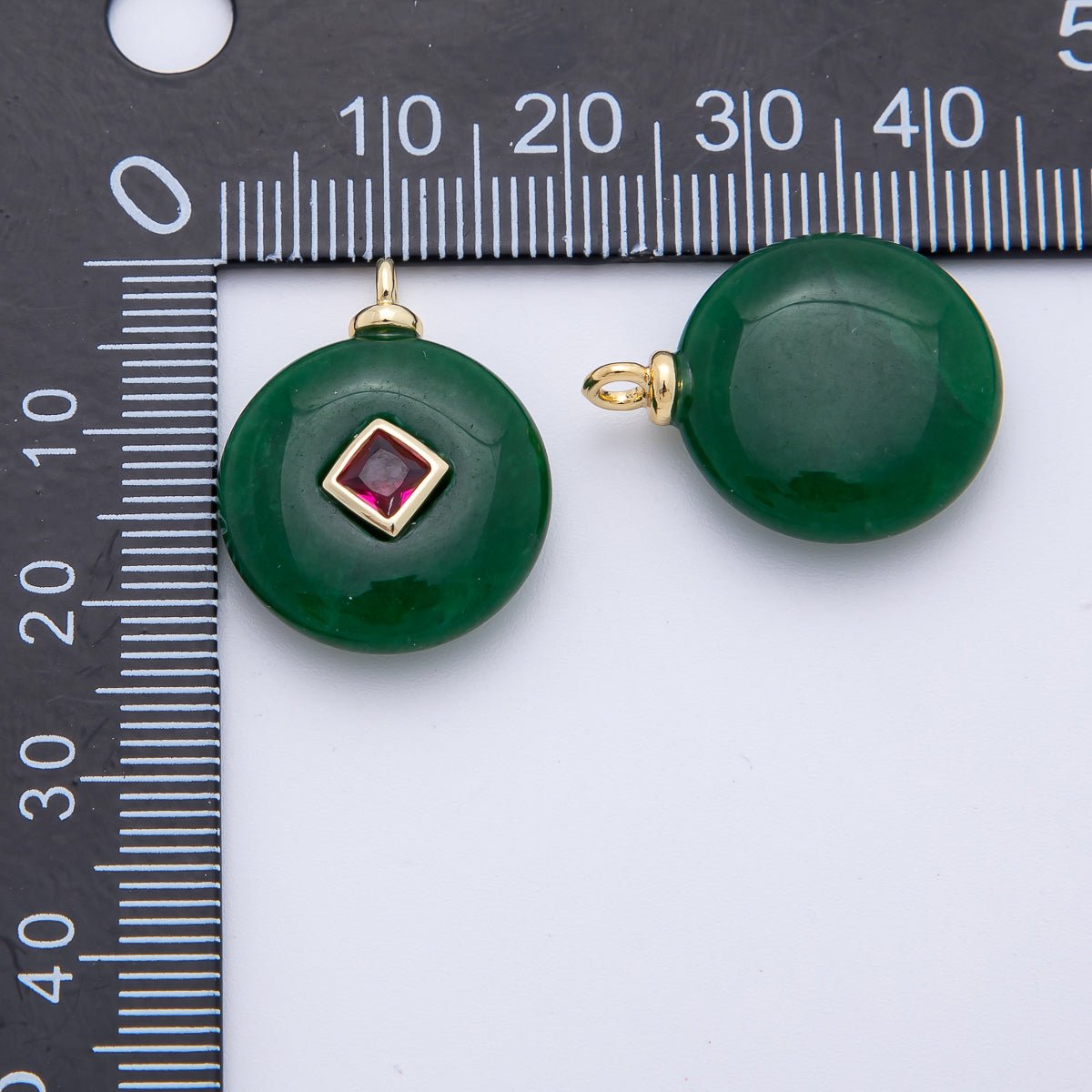 18K Gold Filled 23mm Red CZ Rhombus Aventurine Round Gemstone Charm | AF1336