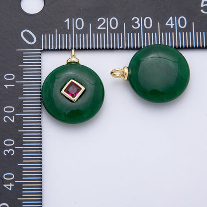 18K Gold Filled 23mm Red CZ Rhombus Aventurine Round Gemstone Charm | AF1336