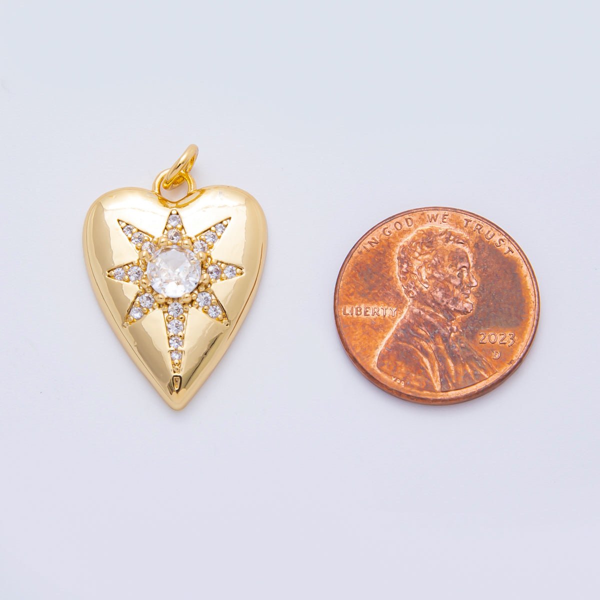 18K Gold Filled 23mm Round CZ Micro Paved Celestial North Star Heart Charm | AF1315