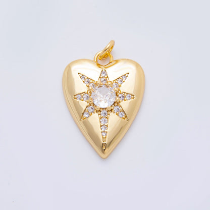 18K Gold Filled 23mm Round CZ Micro Paved Celestial North Star Heart Charm | AF1315
