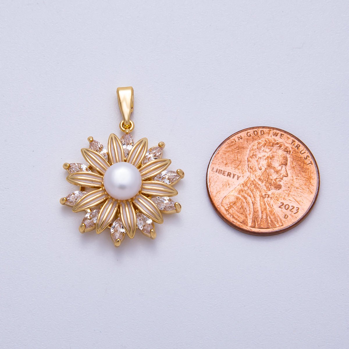 18K Gold Filled 23mm Shell Pearl Marquise CZ Blooming Flower Pendant | Charms-00639