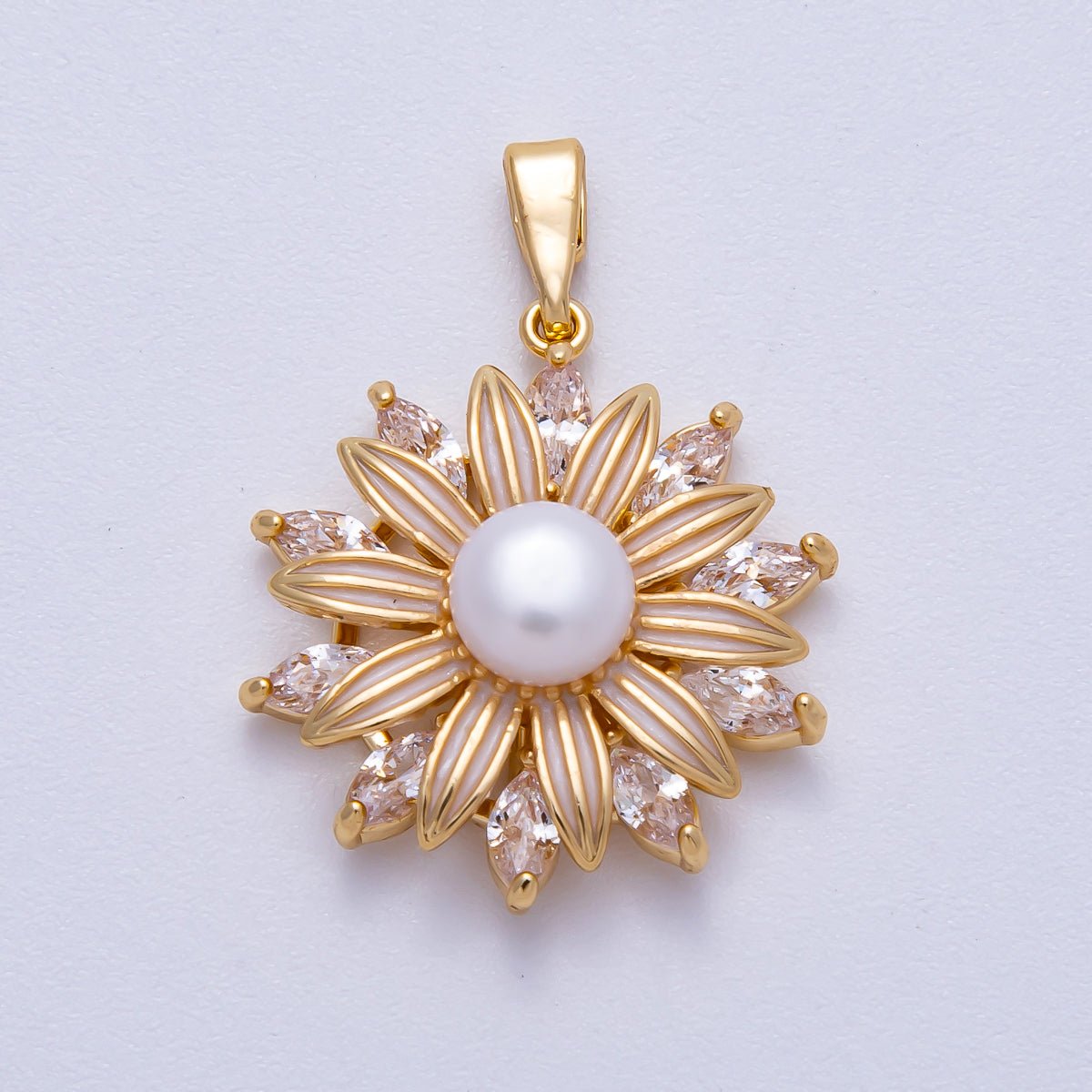 18K Gold Filled 23mm Shell Pearl Marquise CZ Blooming Flower Pendant | Charms-00639
