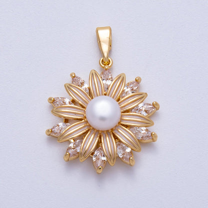 18K Gold Filled 23mm Shell Pearl Marquise CZ Blooming Flower Pendant | Charms-00639