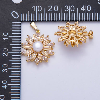 18K Gold Filled 23mm Shell Pearl Marquise CZ Blooming Flower Pendant | Charms-00639