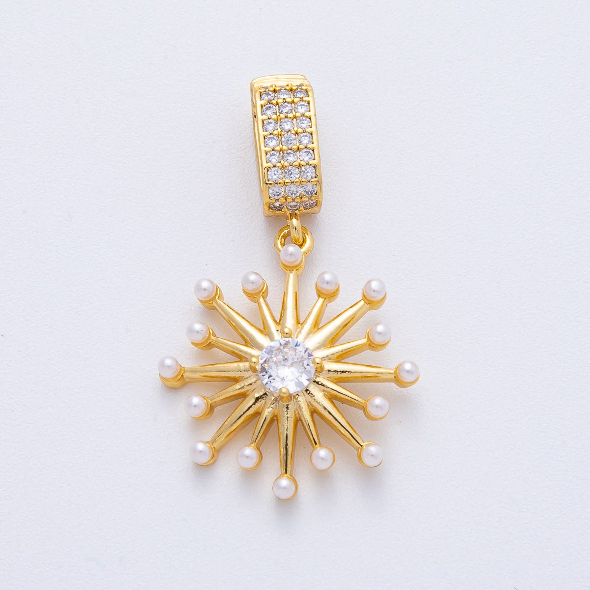 18K Gold Filled 23mm Shell Pearl Micro Paved CZ Celestial Sunburst Pendant | AF1212