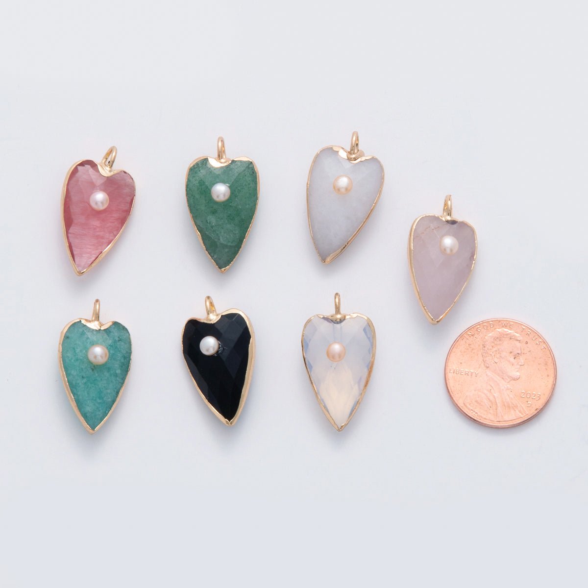 18K Gold Filled 23mm Shell Pearl Multifaceted Gemstone Heart Padlock Charm | AF331 - AF343