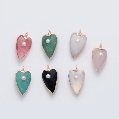18K Gold Filled 23mm Shell Pearl Multifaceted Gemstone Heart Padlock Charm | AF331 - AF343