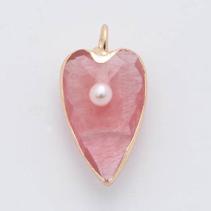 18K Gold Filled 23mm Shell Pearl Multifaceted Gemstone Heart Padlock Charm | AF331 - AF343