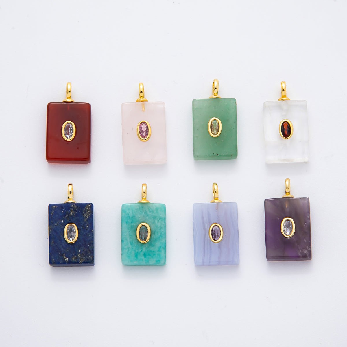 18K Gold Filled 24.5mm Natural Gemstone Rectangle Tag Pendant | N742 N750 N821