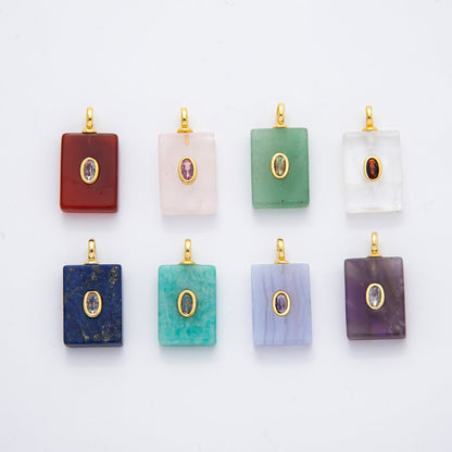 18K Gold Filled 24.5mm Natural Gemstone Rectangle Tag Pendant | N742 N750 N821