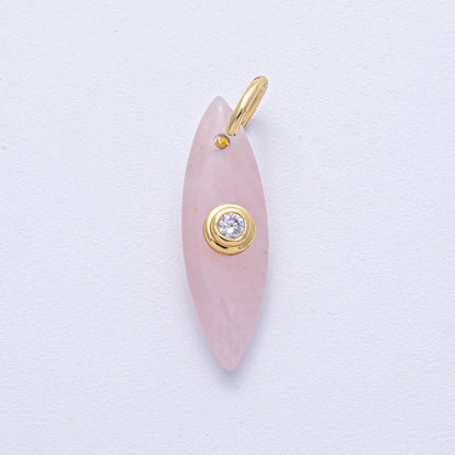 18K Gold Filled 24mm Clear CZ Embedded Tiger Eye, Rose Quartz, Turquoise, Amazonite Gemstone Navette Charm | AK127 AK128