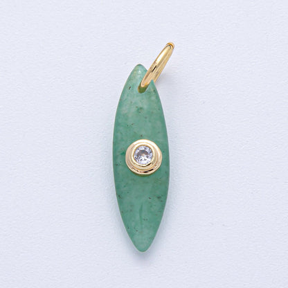 18K Gold Filled 24mm Clear CZ Embedded Tiger Eye, Rose Quartz, Turquoise, Amazonite Gemstone Navette Charm | AK127 AK128