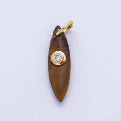 18K Gold Filled 24mm Clear CZ Embedded Tiger Eye, Rose Quartz, Turquoise, Amazonite Gemstone Navette Charm | AK127 AK128