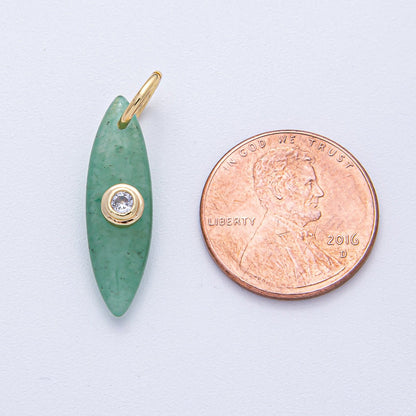 18K Gold Filled 24mm Clear CZ Embedded Tiger Eye, Rose Quartz, Turquoise, Amazonite Gemstone Navette Charm | AK127 AK128