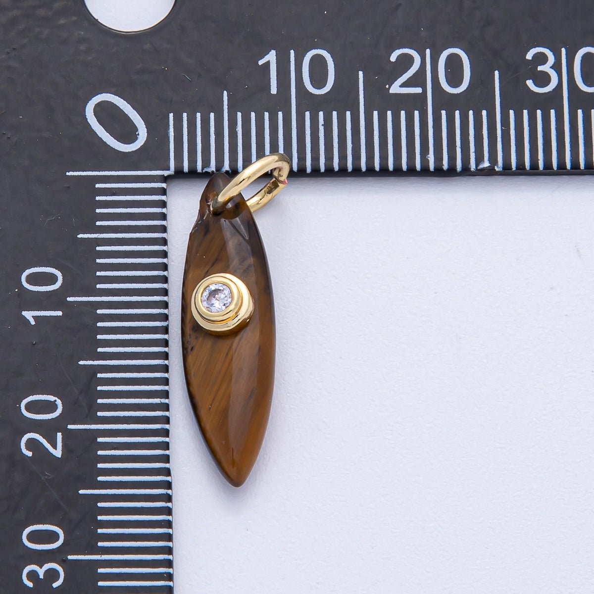 18K Gold Filled 24mm Clear CZ Embedded Tiger Eye, Rose Quartz, Turquoise, Amazonite Gemstone Navette Charm | AK127 AK128